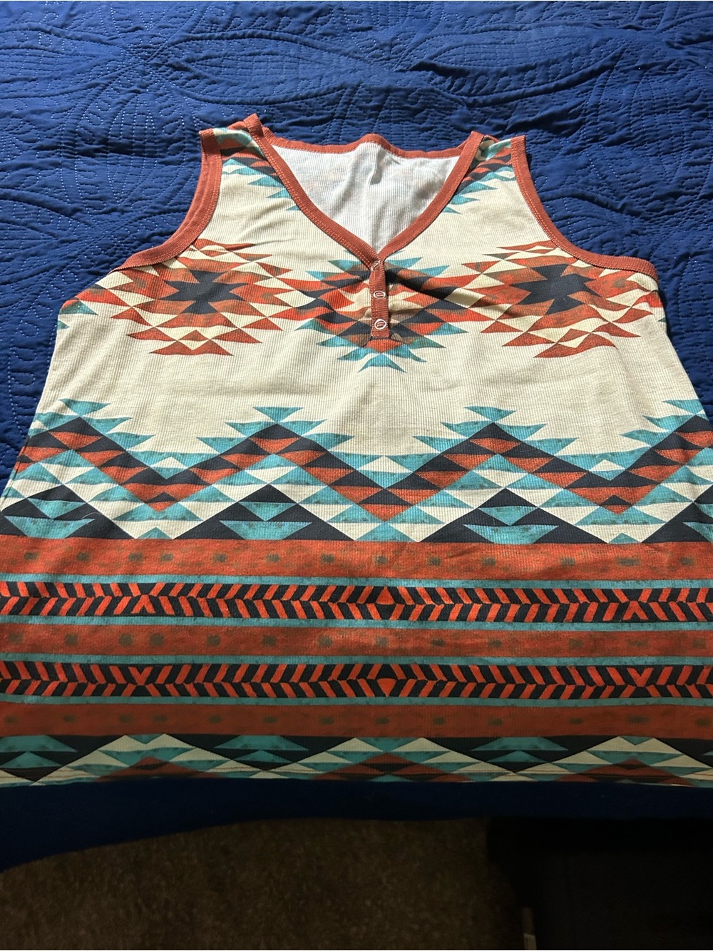 Sleeveless Aztec Print Tank Top - Rust & Teal